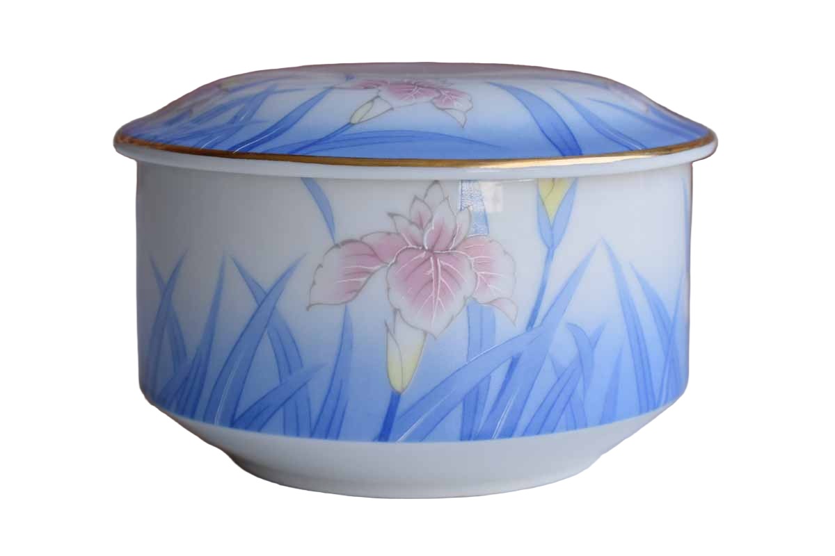 Otagiri Merchantile Company (Japan) Ceramic Box with Pink and Purple Iris and Blue Grass