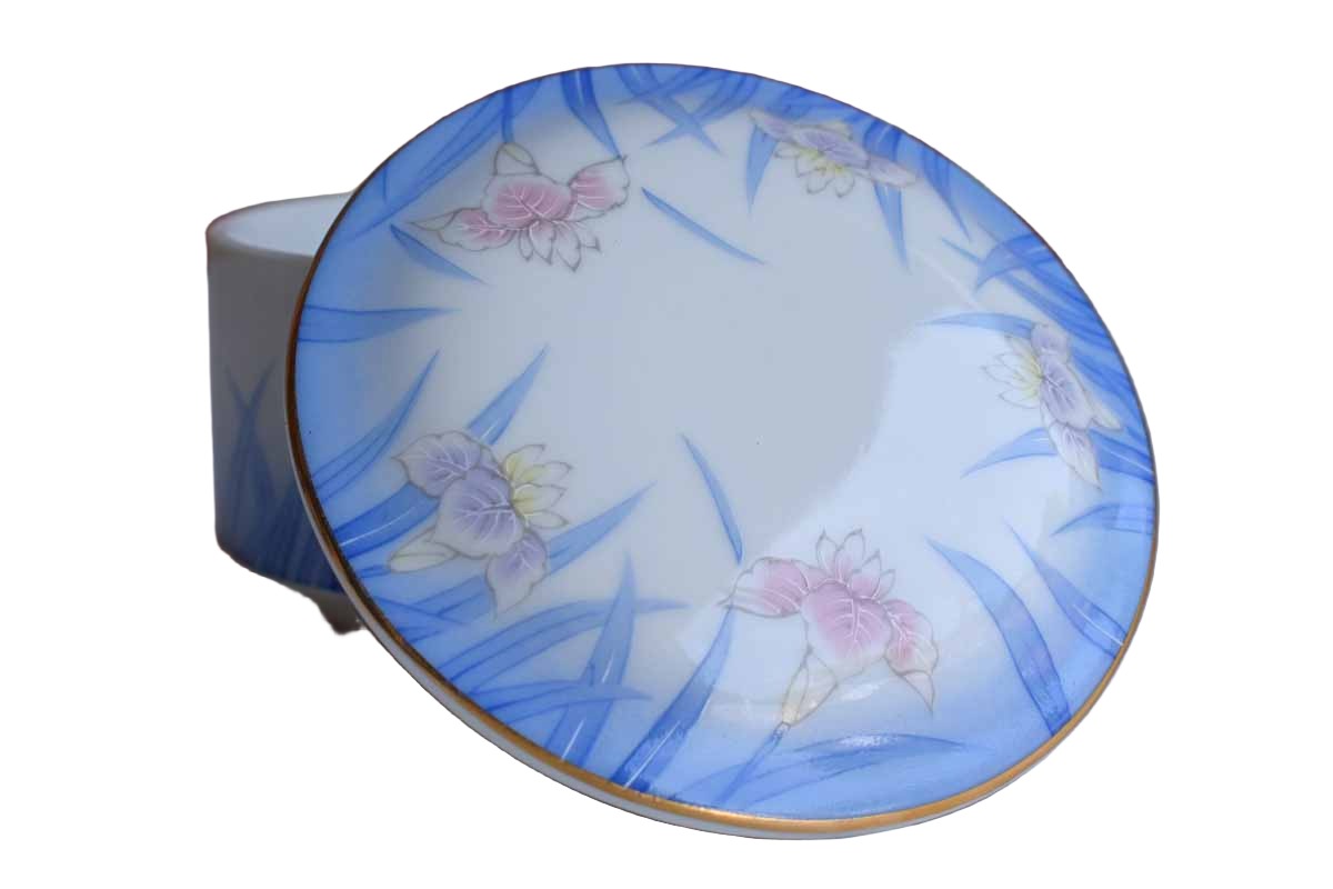 Otagiri Merchantile Company (Japan) Ceramic Box with Pink and Purple Iris and Blue Grass