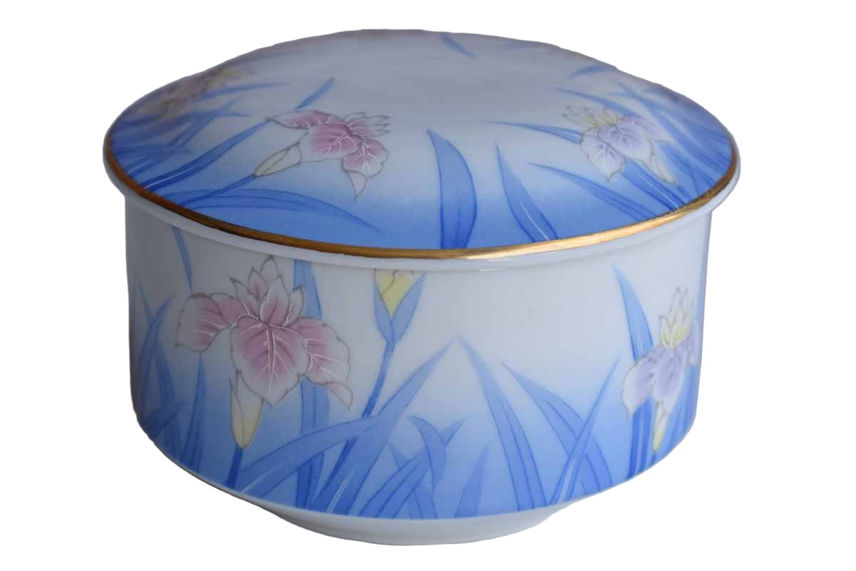 Otagiri Merchantile Company (Japan) Ceramic Box with Pink and Purple Iris and Blue Grass