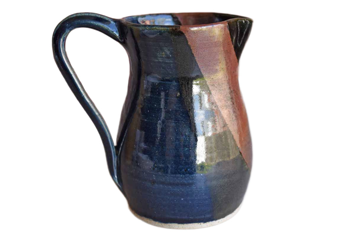 Attractive Handmade Stoneware Pitcher with Blue and Ochre Glazes