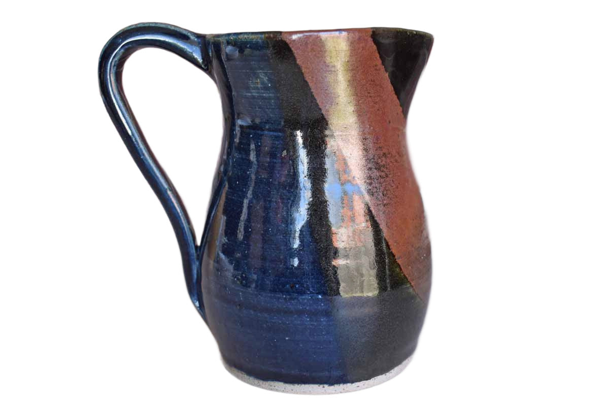 Attractive Handmade Stoneware Pitcher with Blue and Ochre Glazes