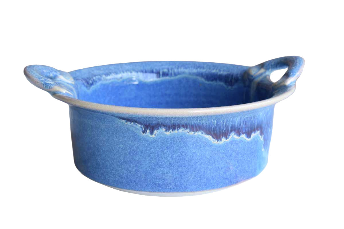 Ceramic Handled Dish with Purpleish-Blue Glazes