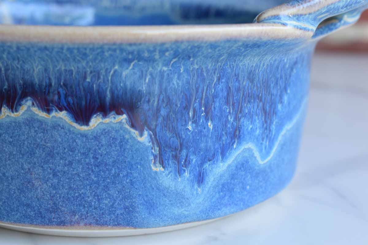 Ceramic Handled Dish with Purpleish-Blue Glazes