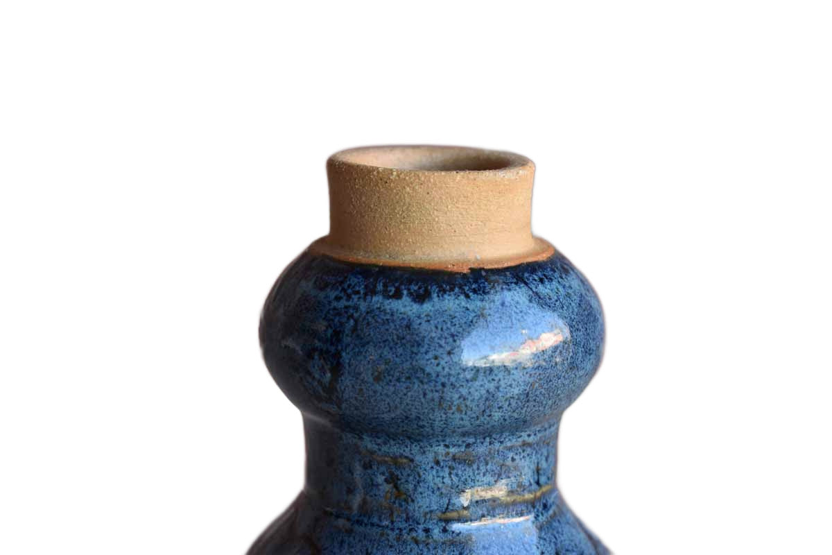 Blue Glazed Stoneware Vase with Stepped Design
