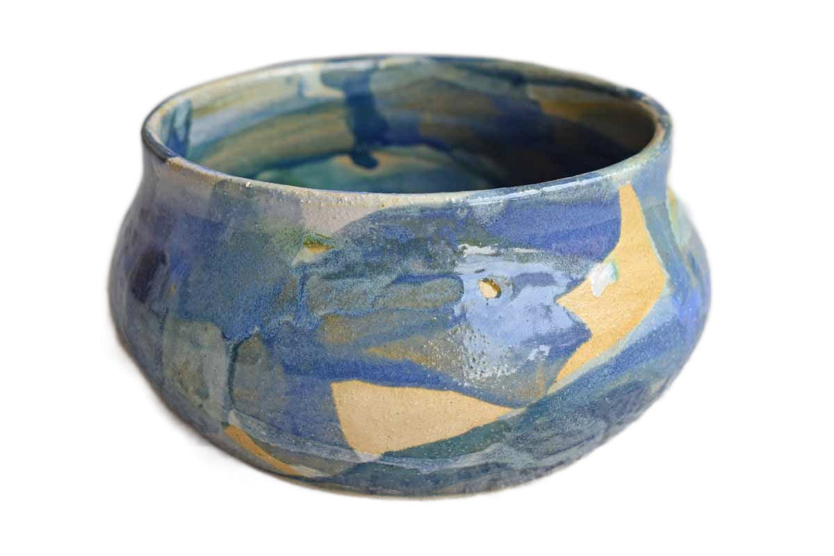 Shallow Handmade Stoneware Bowl with Dabs of Blue Glazes