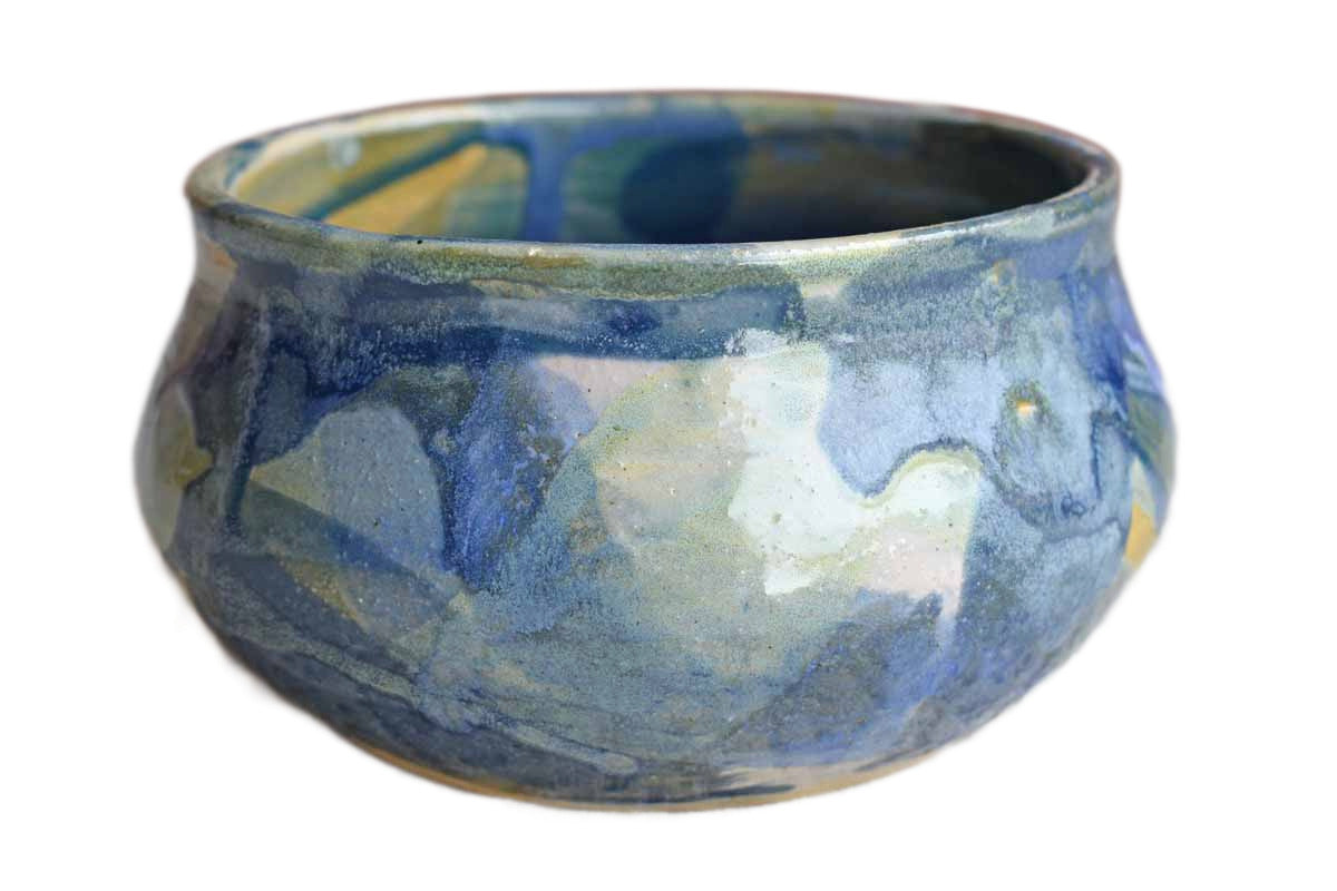 Shallow Handmade Stoneware Bowl with Dabs of Blue Glazes
