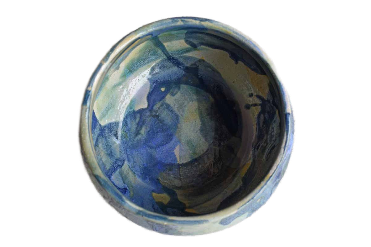 Shallow Handmade Stoneware Bowl with Dabs of Blue Glazes