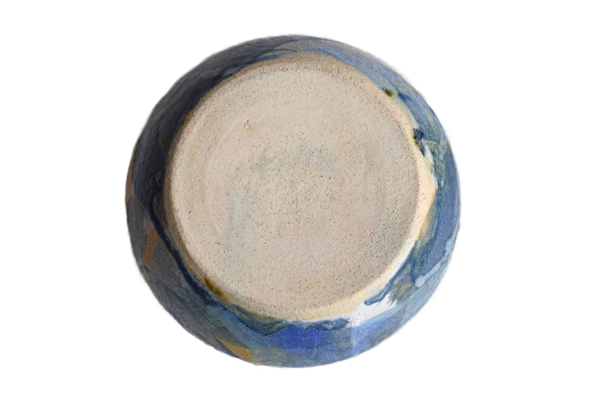 Shallow Handmade Stoneware Bowl with Dabs of Blue Glazes