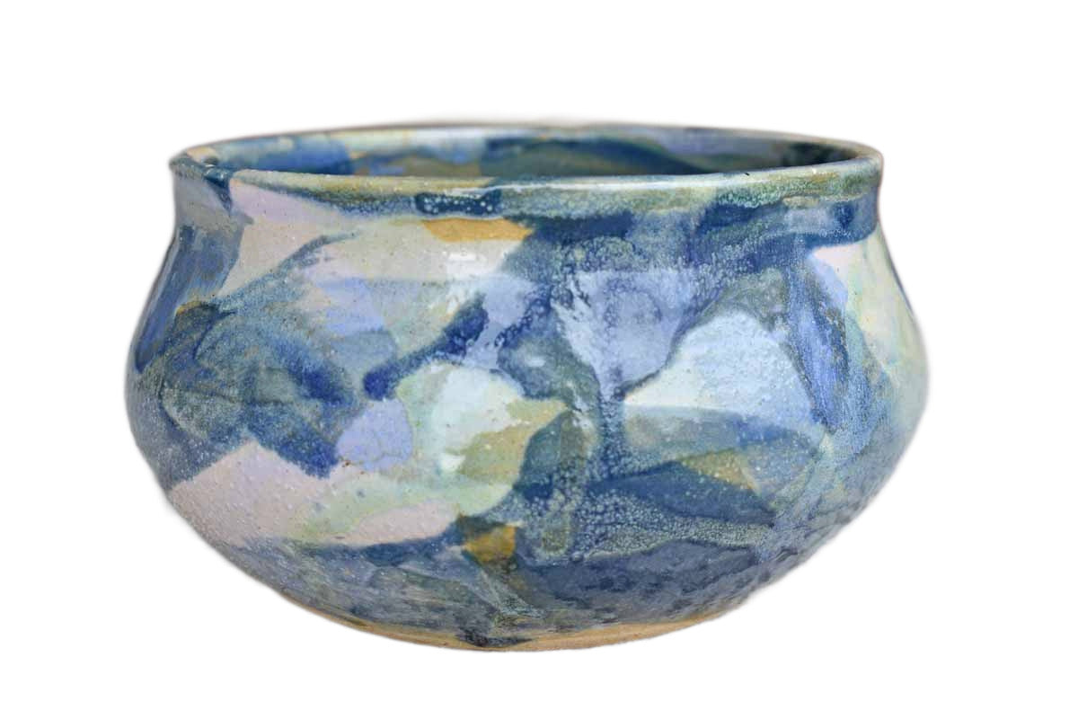 Shallow Handmade Stoneware Bowl with Dabs of Blue Glazes