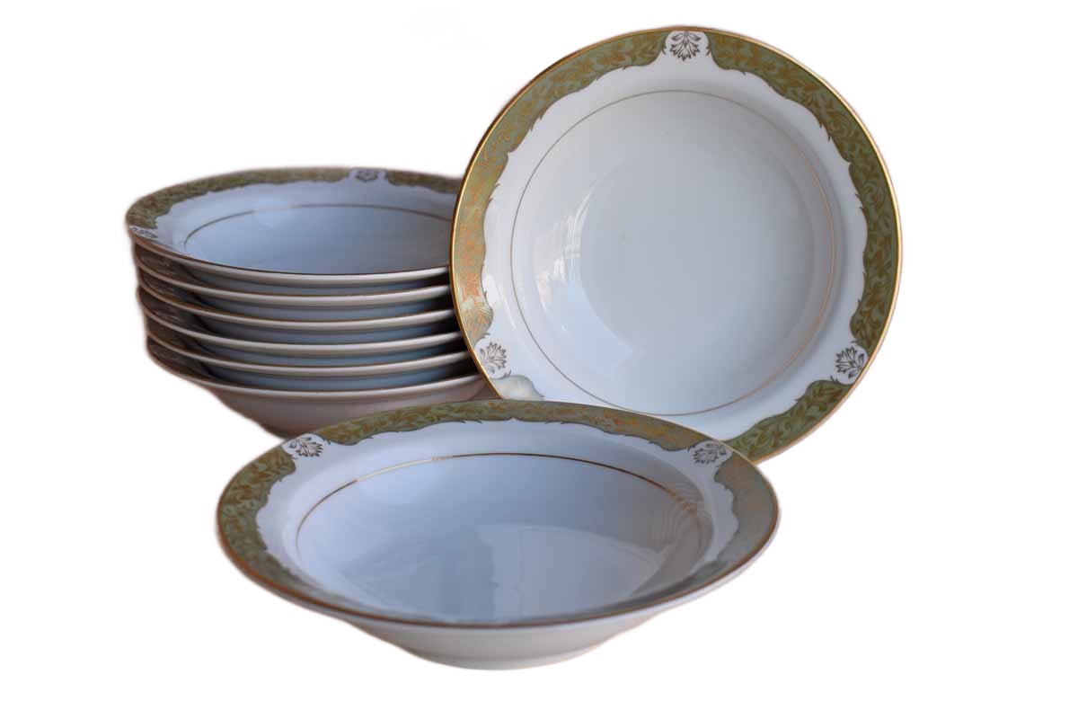 Wyndham Fine China (Japan) Monet Fruit Bowls with Green and Gold Trim. Set of 8