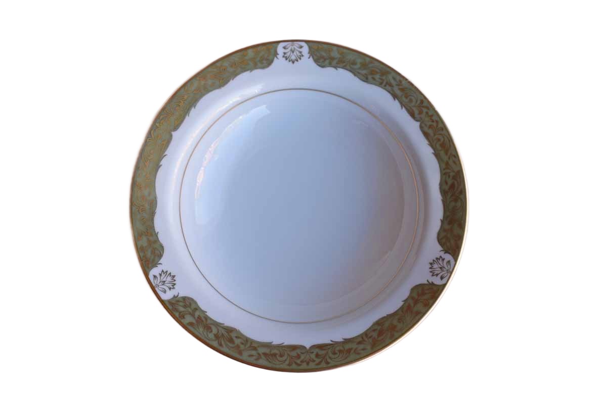Wyndham Fine China (Japan) Monet Fruit Bowls with Green and Gold Trim. Set of 8