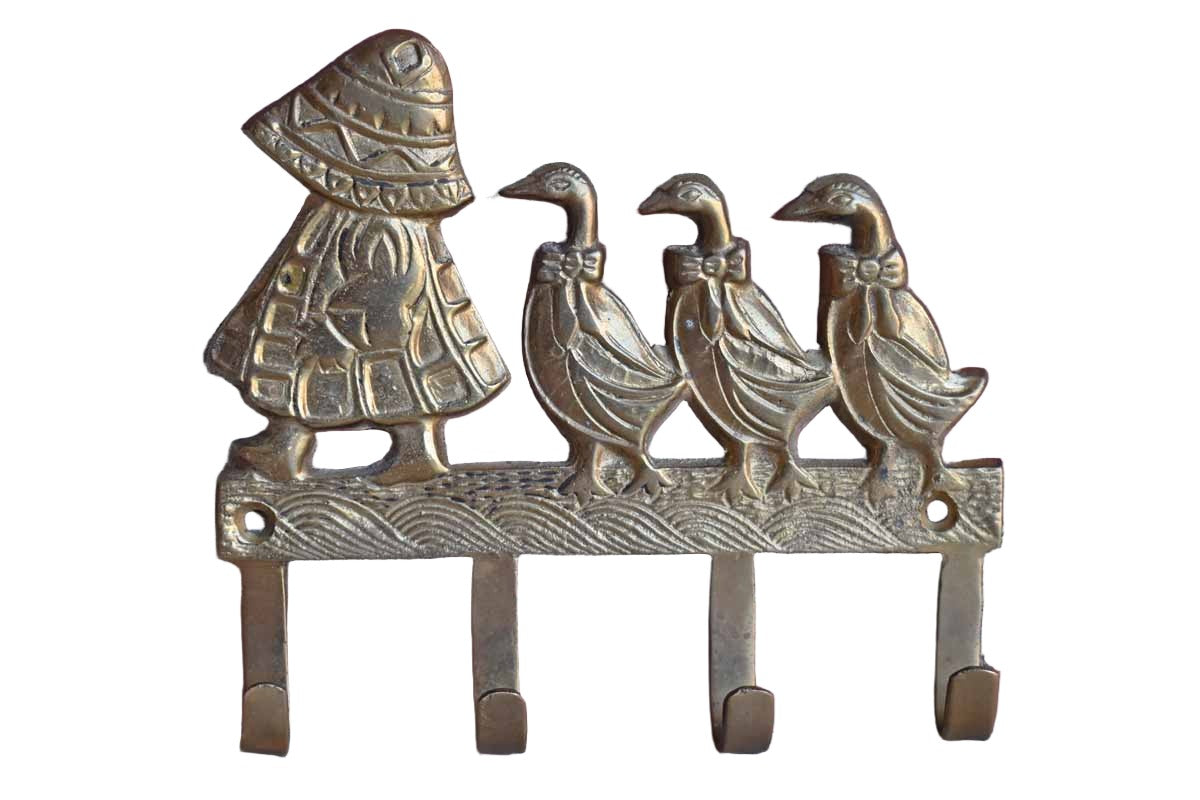 Brass Key Hook with Ducks and Girl in Sundress and Hat