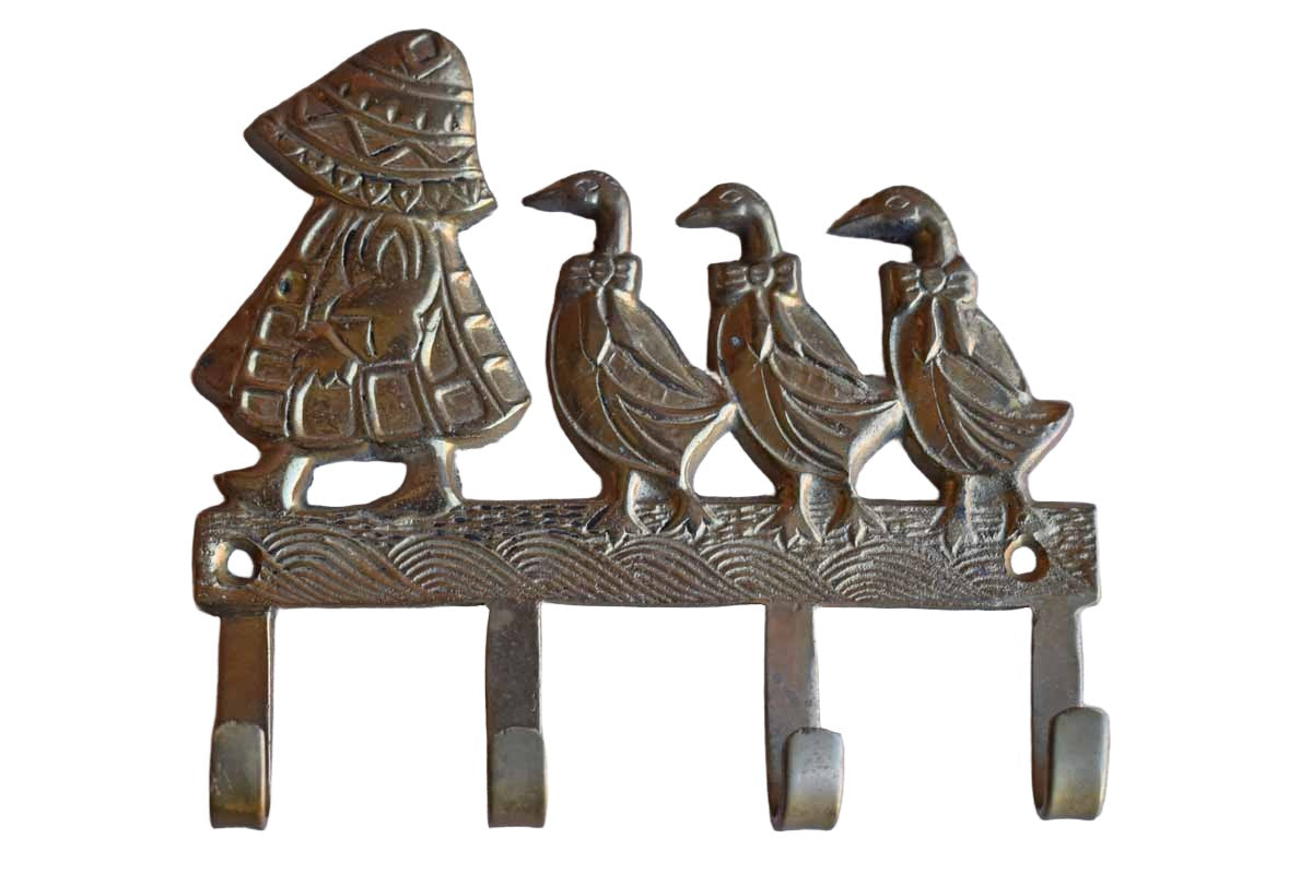 Brass Key Hook with Ducks and Girl in Sundress and Hat