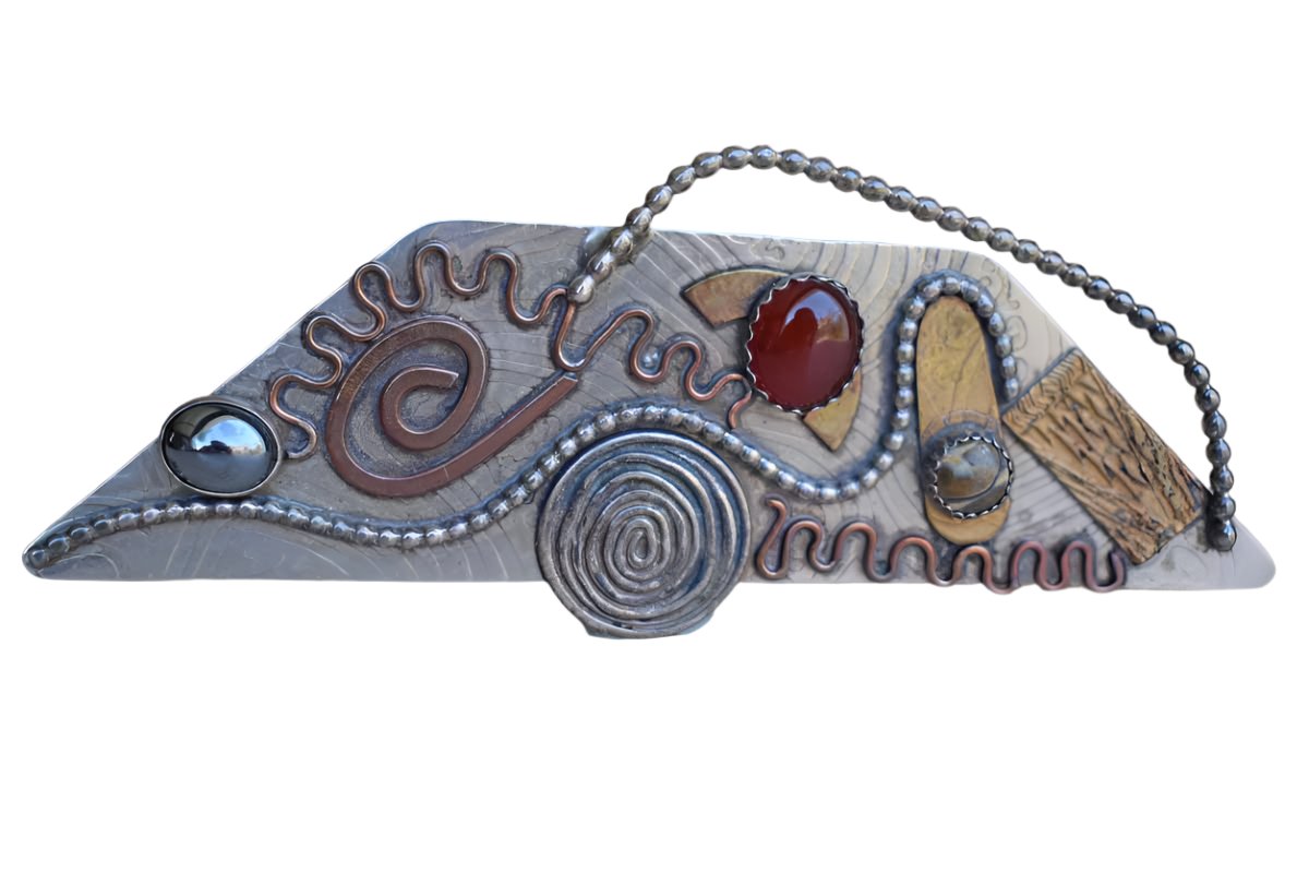 Funky Handmade Silver Brooch with Stones and Curvy Decorations