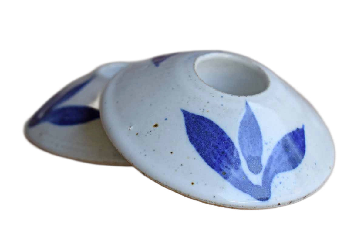 Handmade Stoneware Candle Holders with Blue Flowers, A Pair