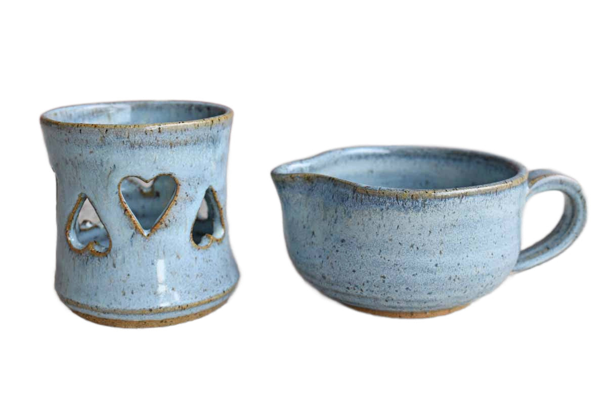 Speckled Blue Stoneware Votive and Shallow Pitcher