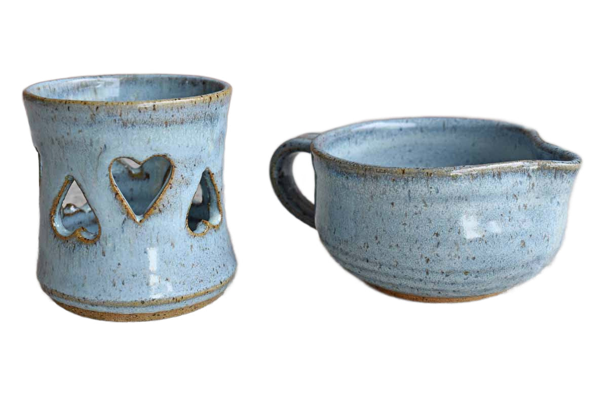 Speckled Blue Stoneware Votive and Shallow Pitcher