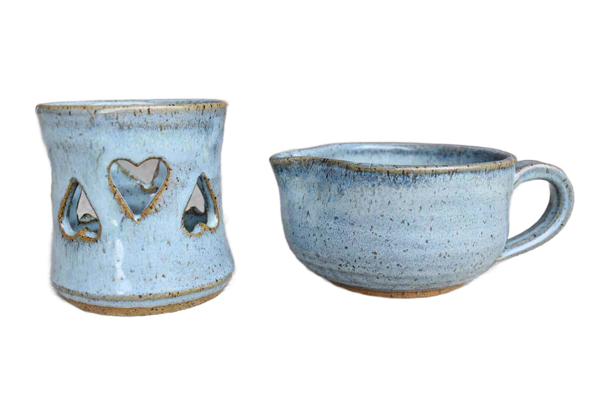 Speckled Blue Stoneware Votive and Shallow Pitcher