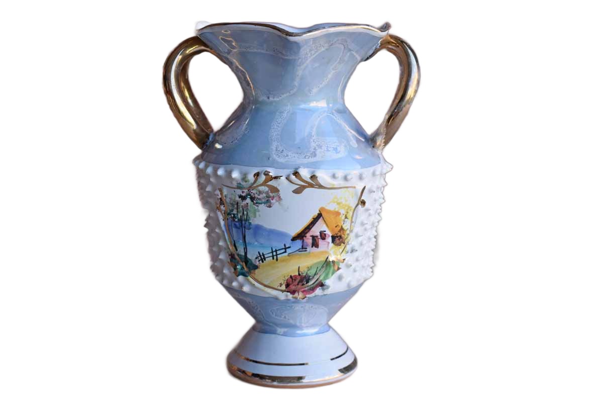 Little Ornate Porcelain Vase from Italy with House Scene Cameo and Luminescent Glazes