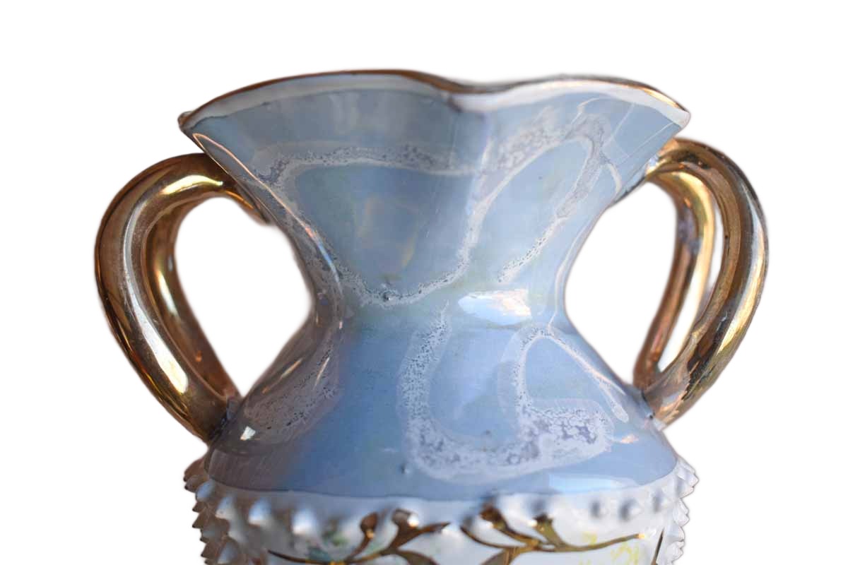 Little Ornate Porcelain Vase from Italy with House Scene Cameo and Luminescent Glazes