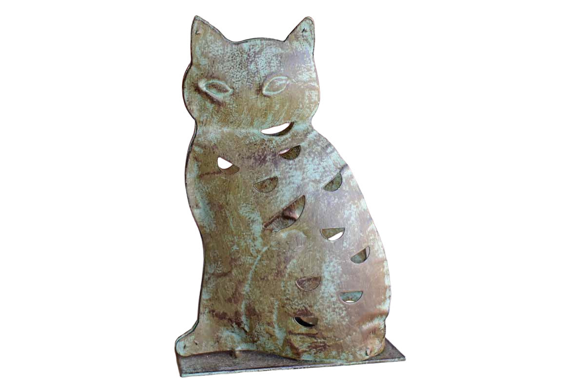 Metal Cat-Shaped Tea Light Candle Holder with Verdigris Patina Finish