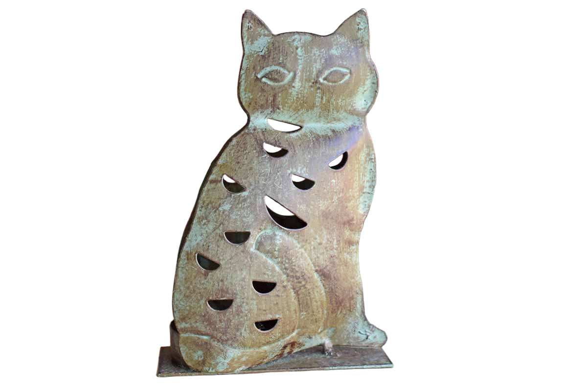 Metal Cat-Shaped Tea Light Candle Holder with Verdigris Patina Finish