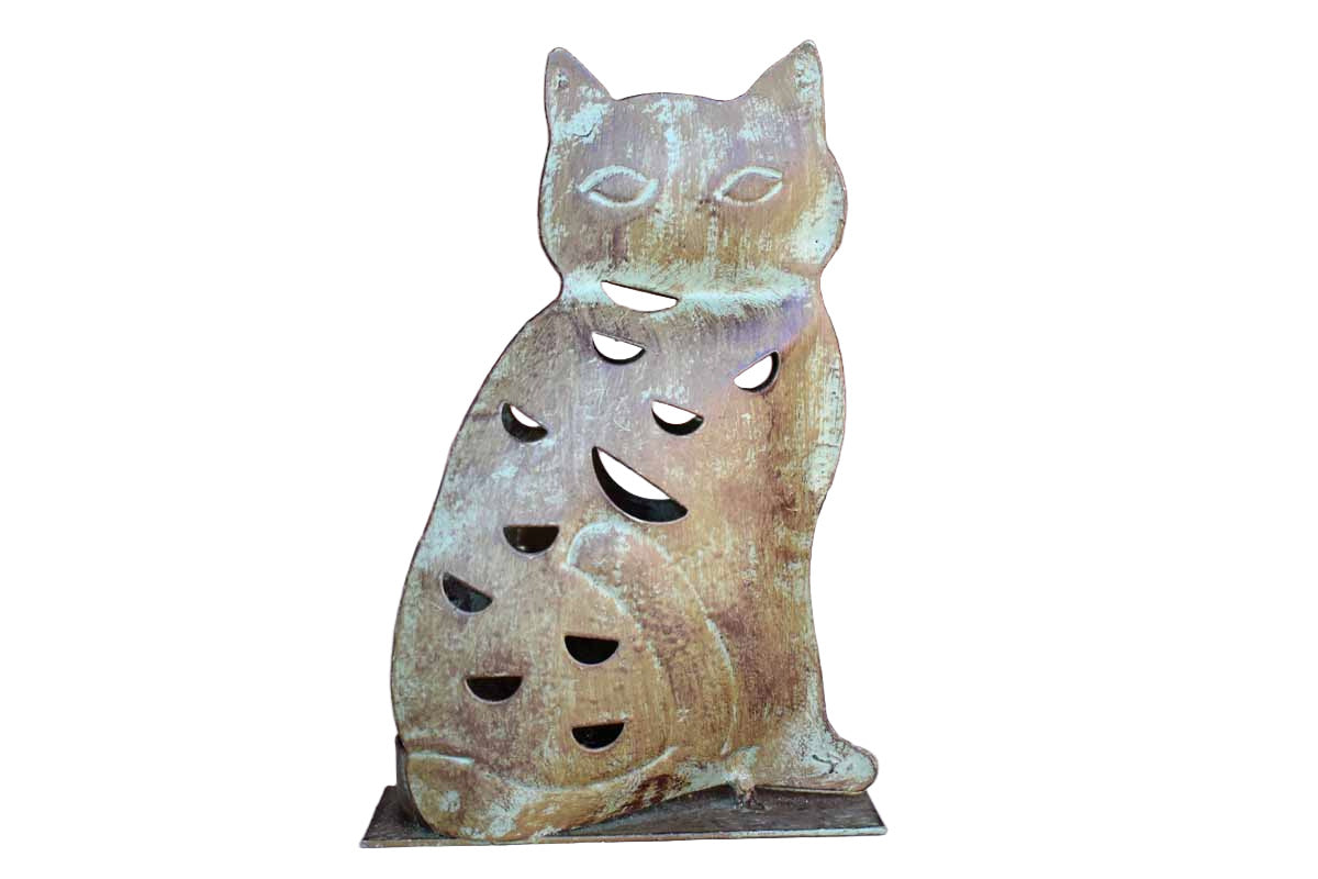 Metal Cat-Shaped Tea Light Candle Holder with Verdigris Patina Finish