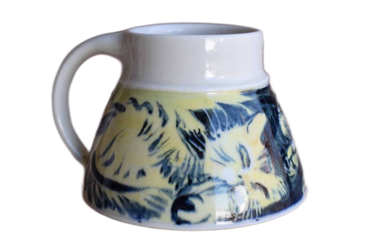 Small Handmade Mug with Lounging Cats
