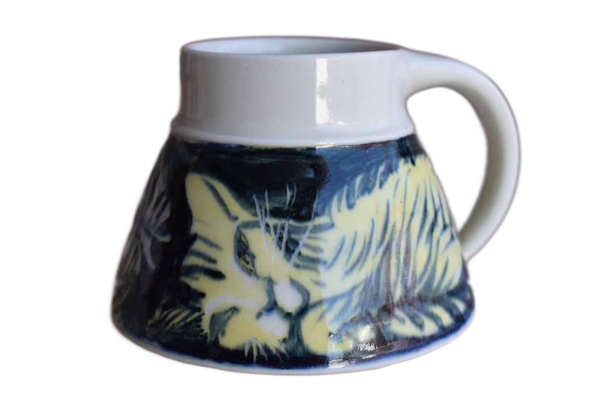 Small Handmade Mug with Lounging Cats