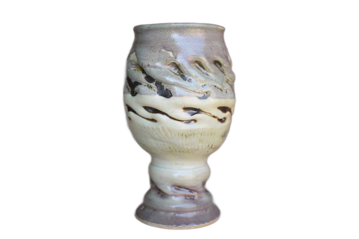 Unique Chalice-Style Decorative Stoneware Cup with Wave-Like Patterns