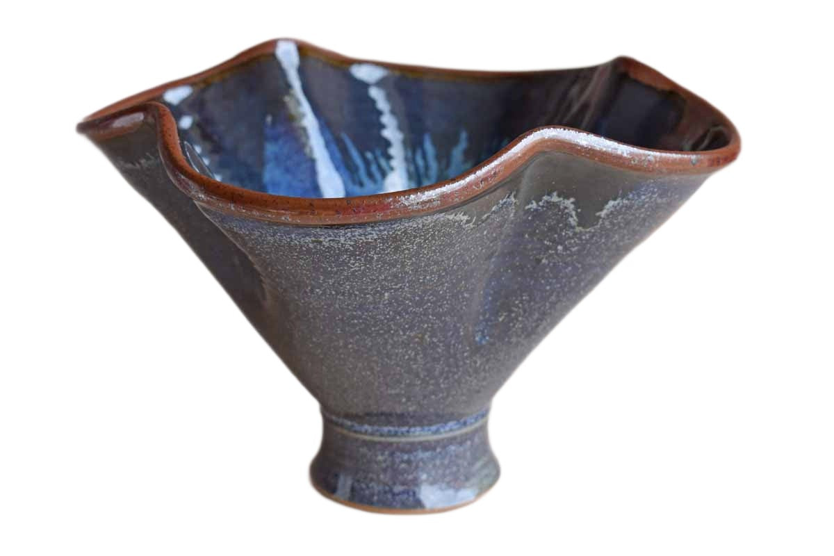 Conical Stoneware Bowl with Earthy Blue and Ochre Glazes