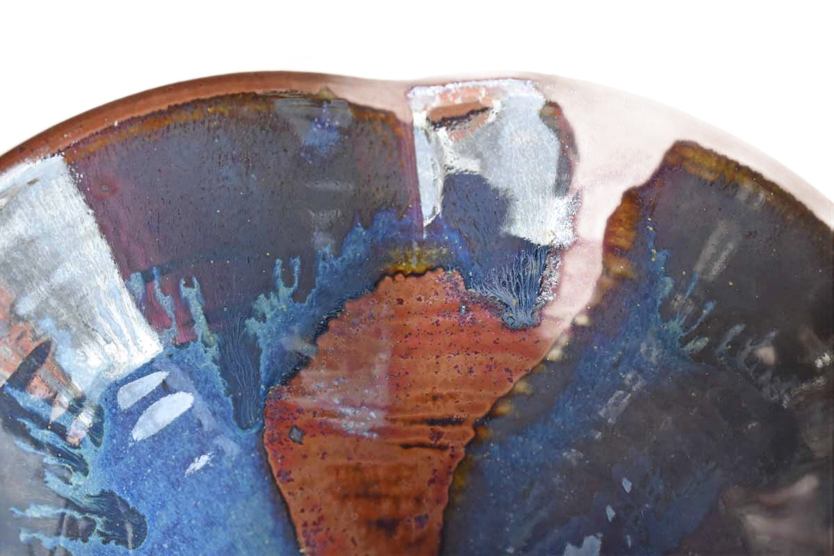 Conical Stoneware Bowl with Earthy Blue and Ochre Glazes