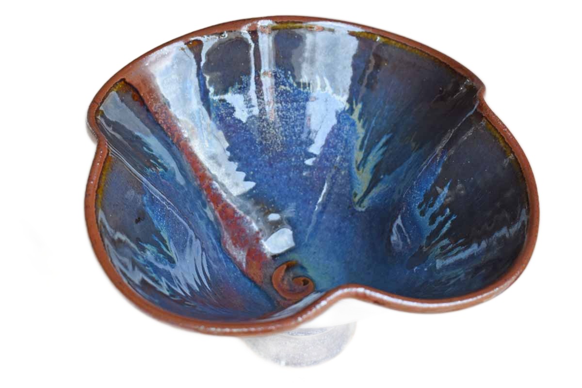 Conical Stoneware Bowl with Earthy Blue and Ochre Glazes