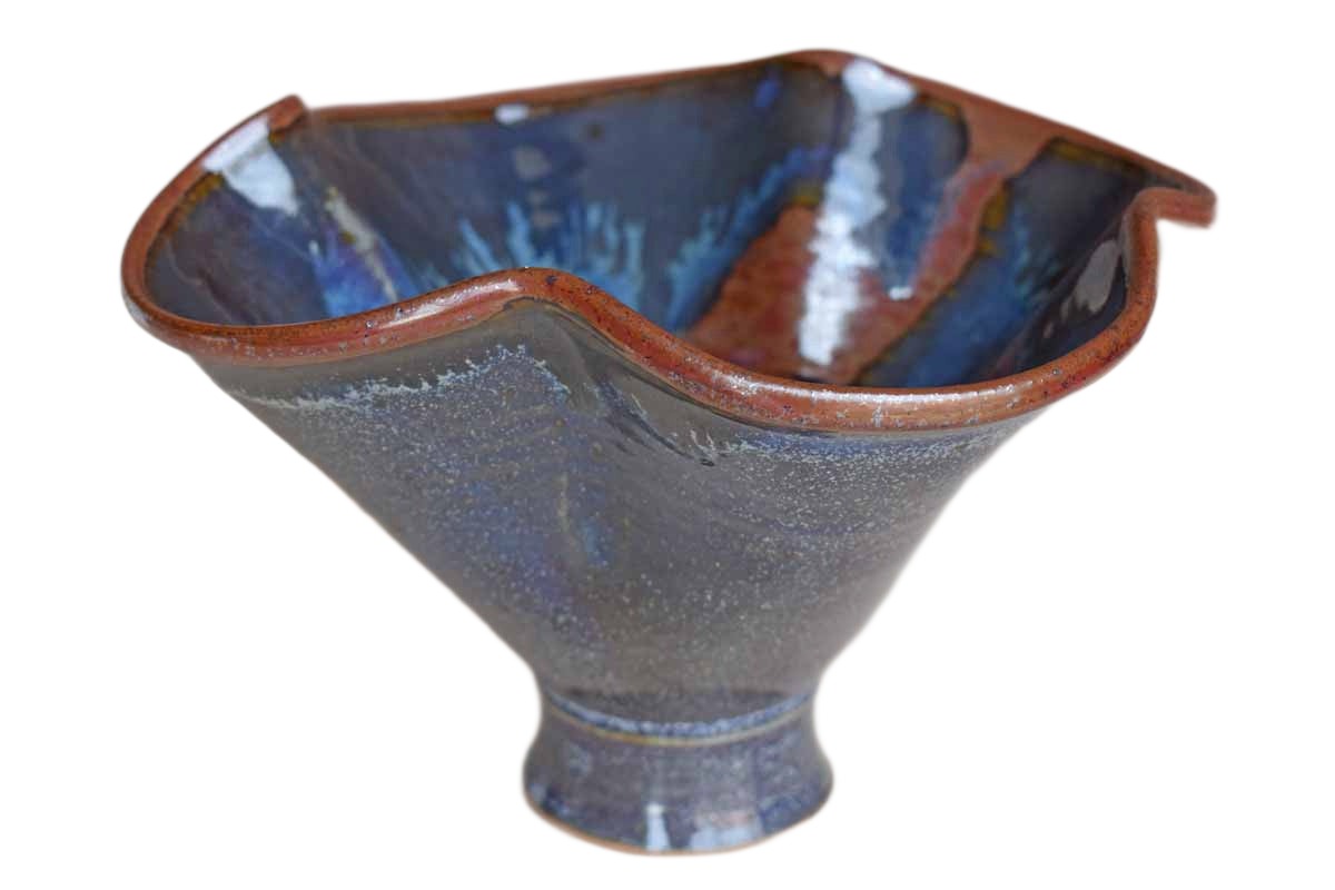 Conical Stoneware Bowl with Earthy Blue and Ochre Glazes