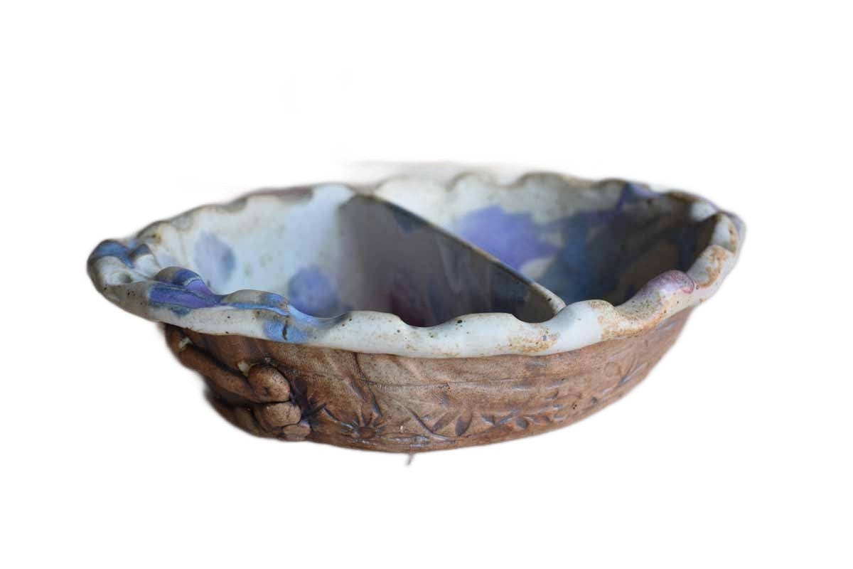 Stoneware Divided Serving Bowl with Purple, Blue, and Gray Glazes