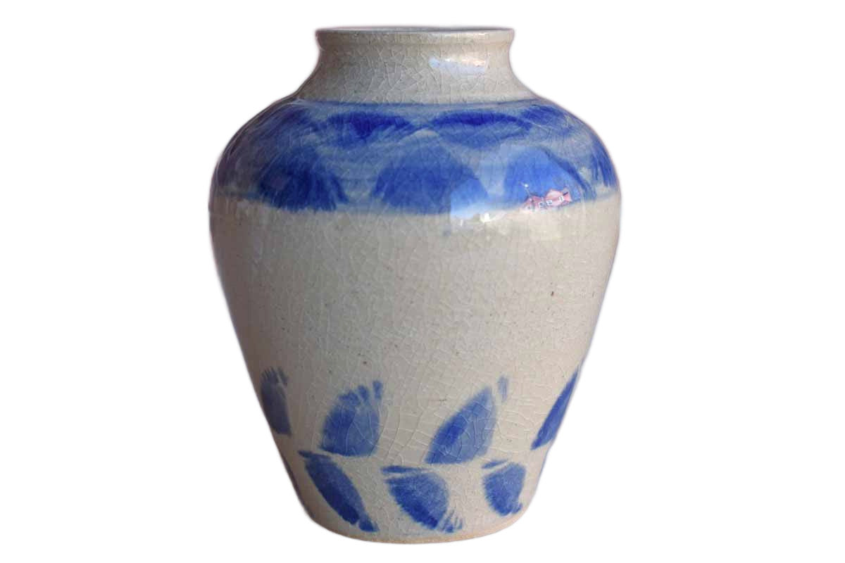 Heavy Crazing Stoneware Vase with Blue Accents