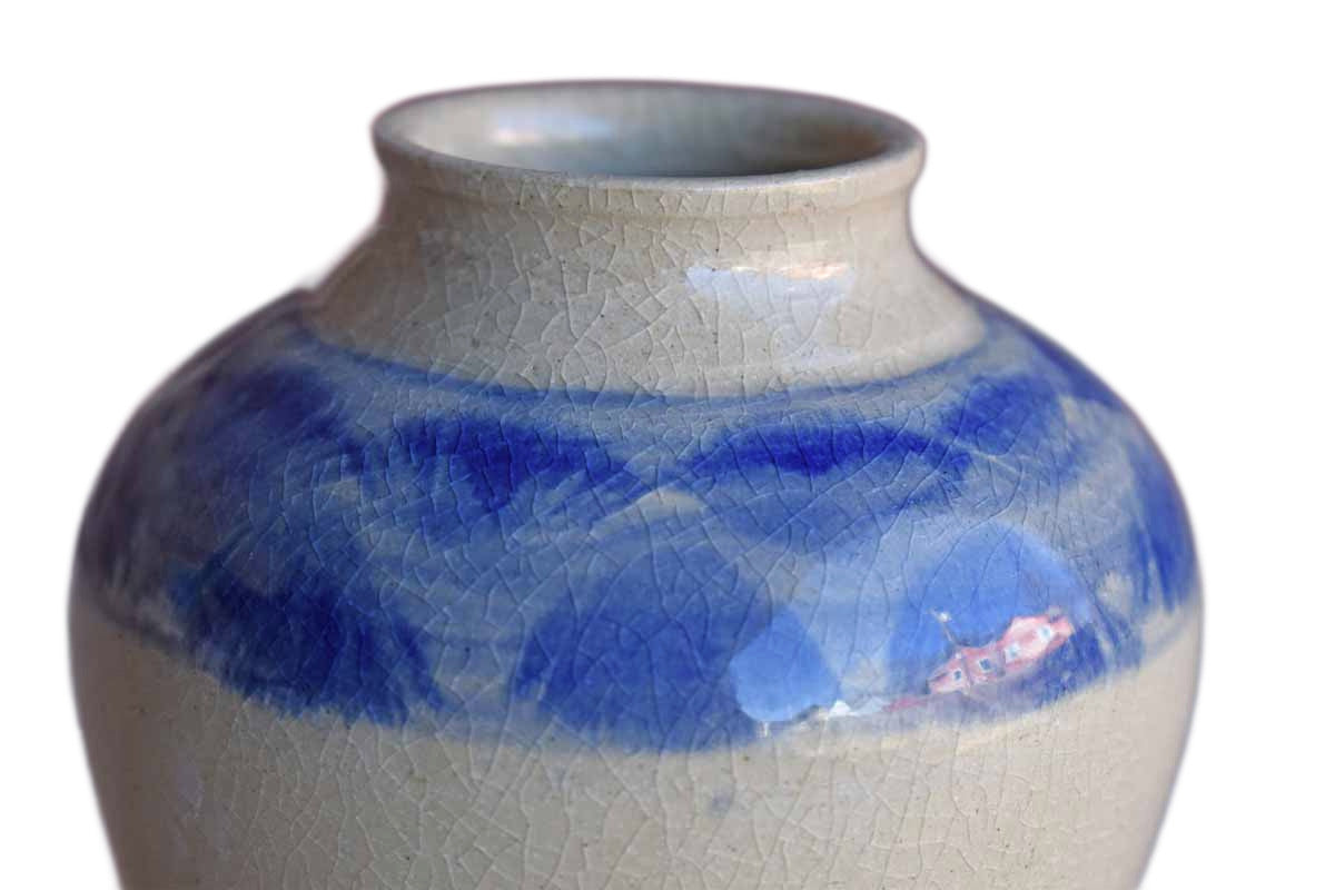 Heavy Crazing Stoneware Vase with Blue Accents