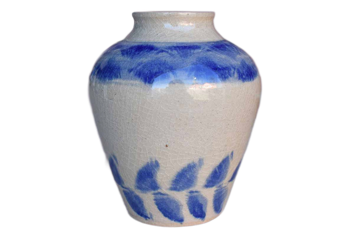 Heavy Crazing Stoneware Vase with Blue Accents