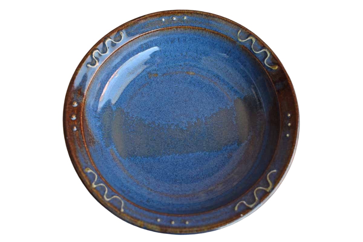Shallow Ceramic Bowl with Bluish-Brown Glazes and Curvy Rim Designs