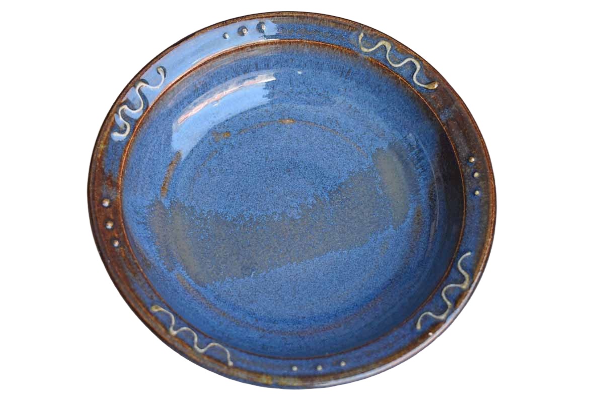 Shallow Ceramic Bowl with Bluish-Brown Glazes and Curvy Rim Designs