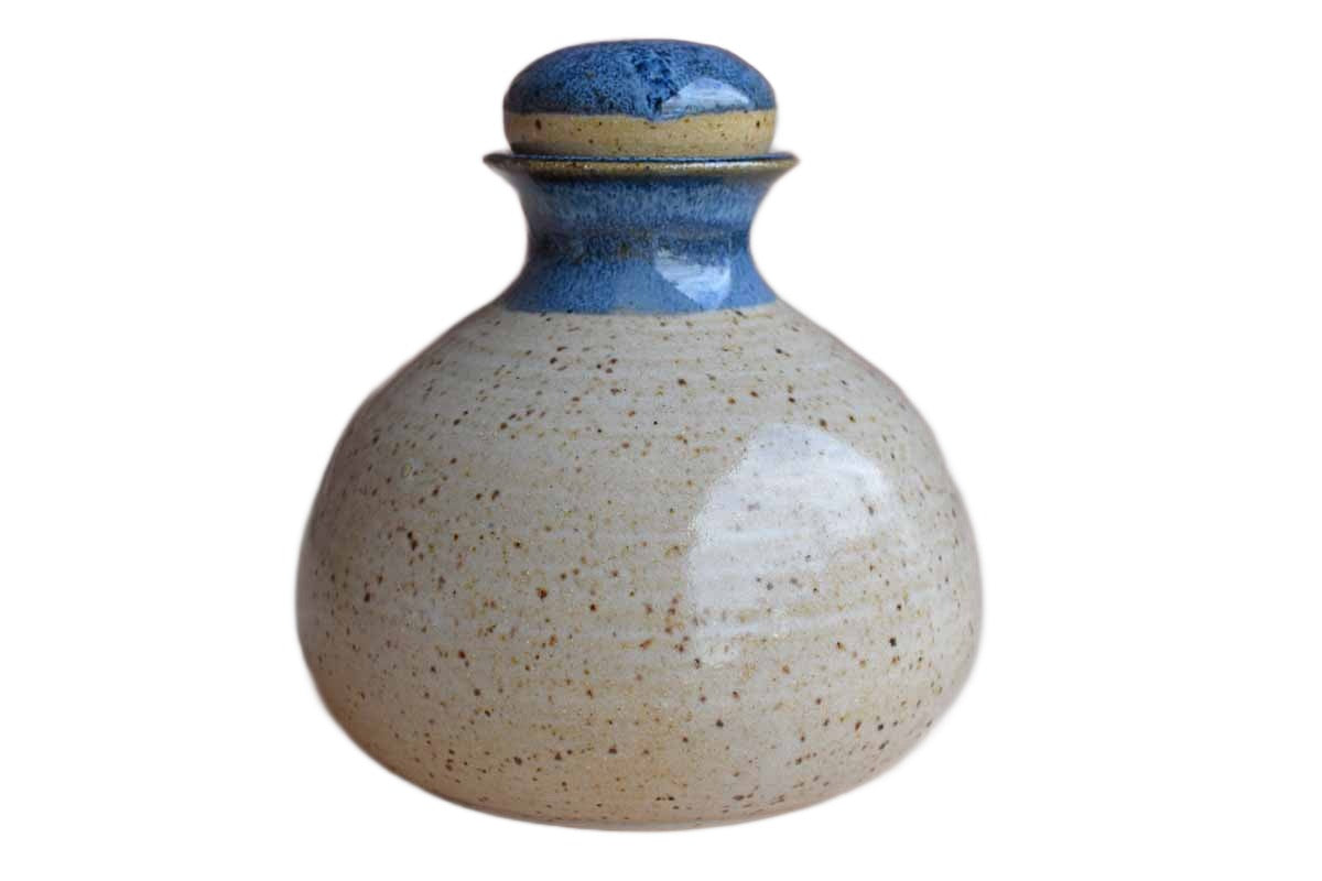 Small Speckled Blue and Tan Stoneware Decanter