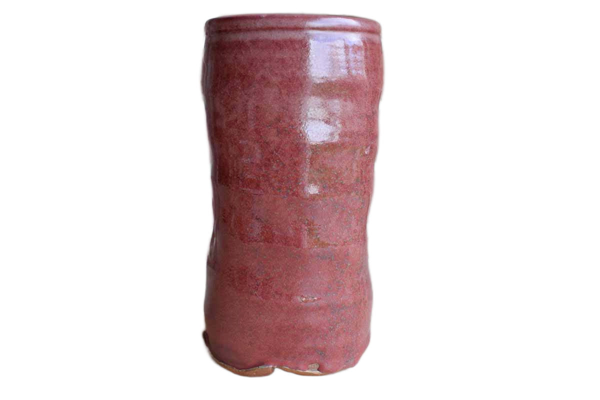 Tall Dusty Pink Stoneware Vase with Gentle Ribbing and Compressed Sides