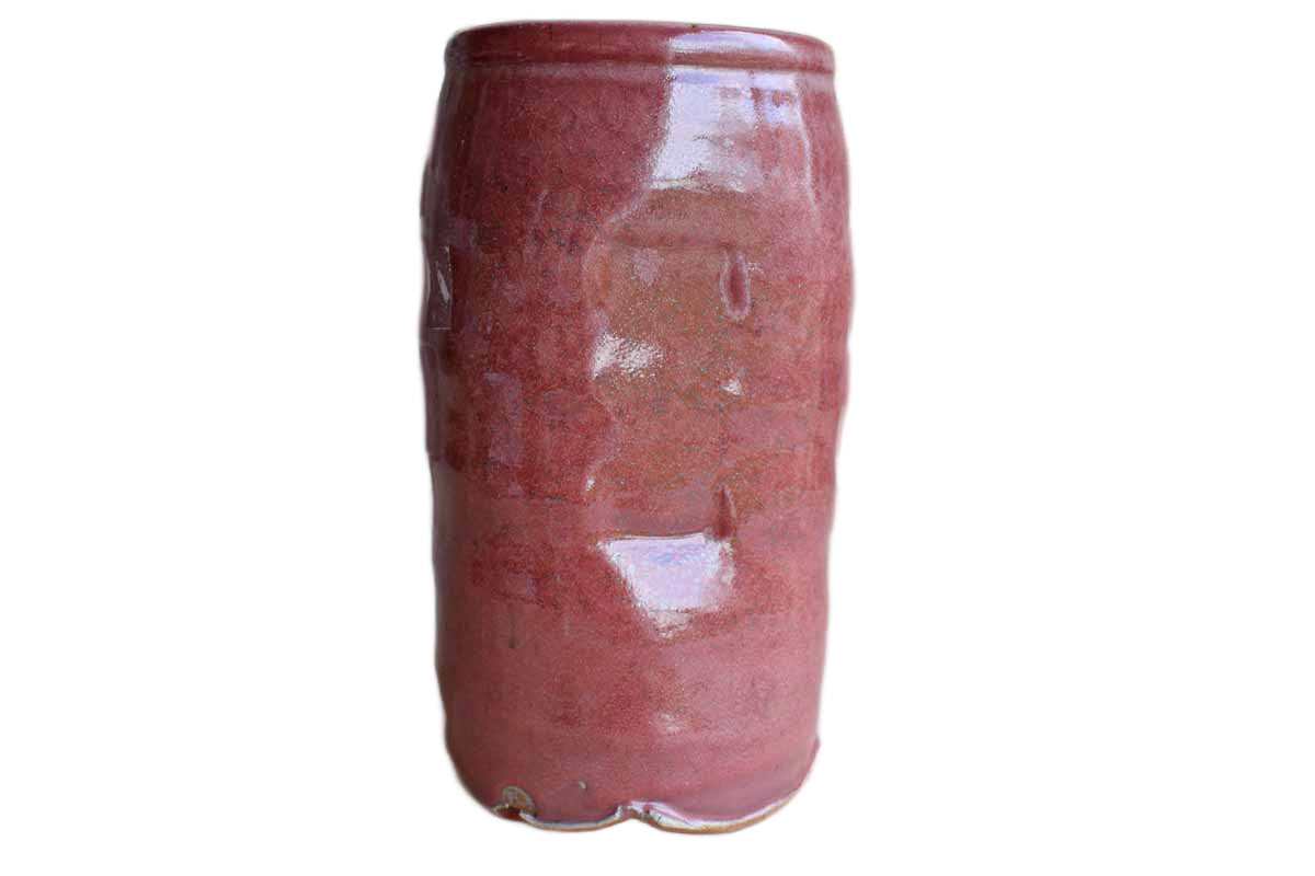 Tall Dusty Pink Stoneware Vase with Gentle Ribbing and Compressed Sides