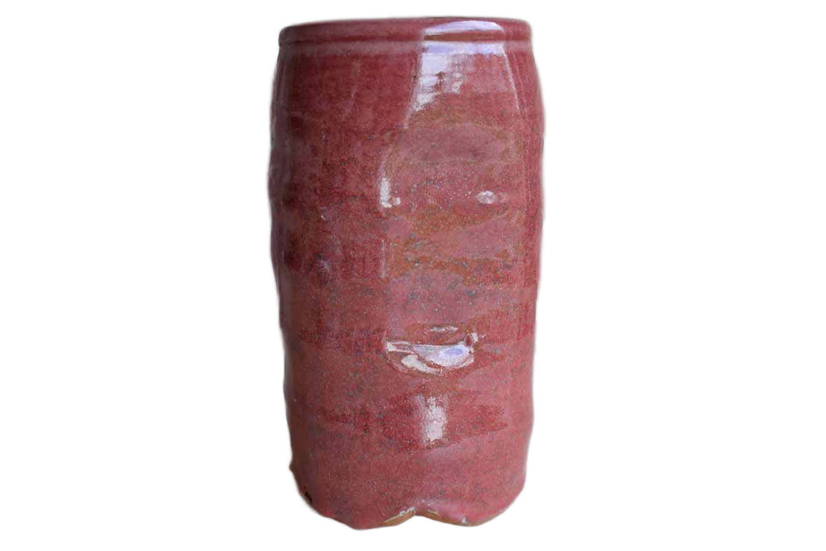 Tall Dusty Pink Stoneware Vase with Gentle Ribbing and Compressed Sides