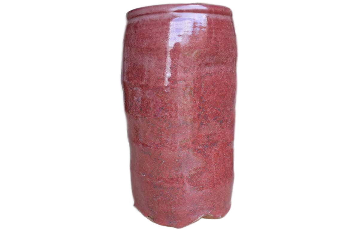 Tall Dusty Pink Stoneware Vase with Gentle Ribbing and Compressed Sides