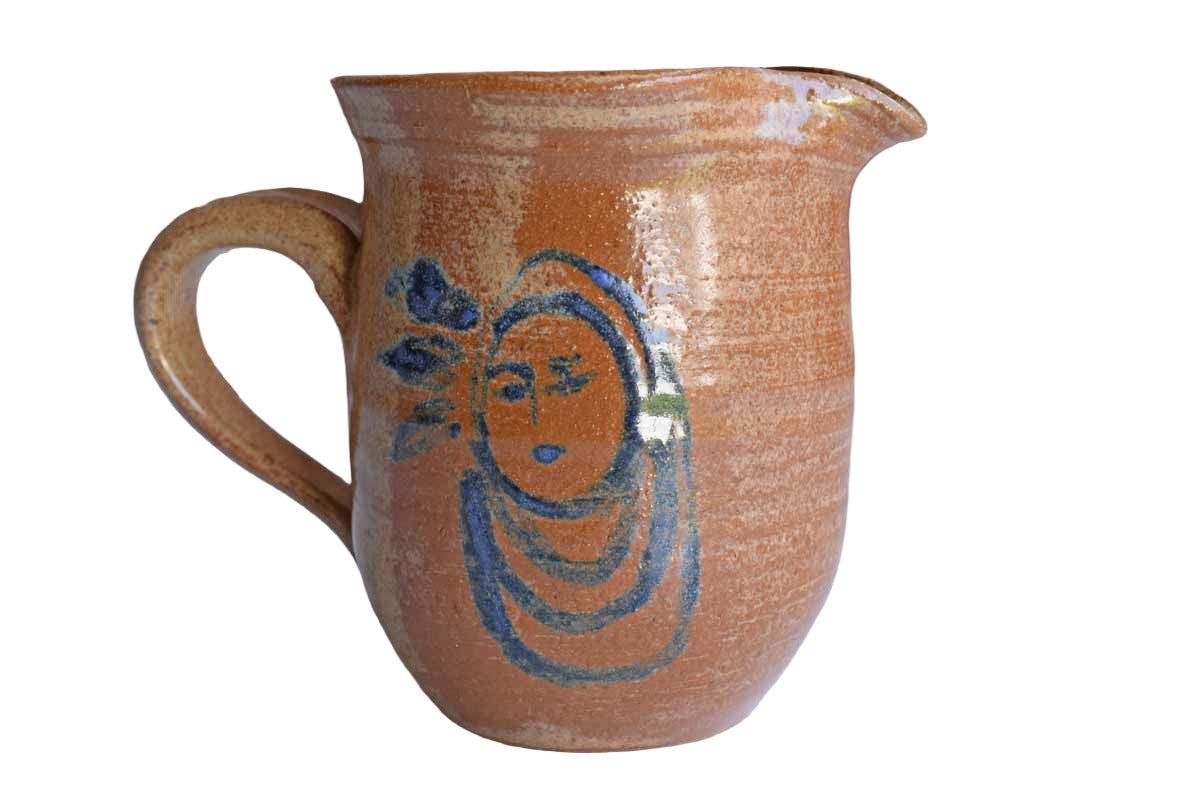 Small Stoneware Handled Pitcher with Blue Woman on Front