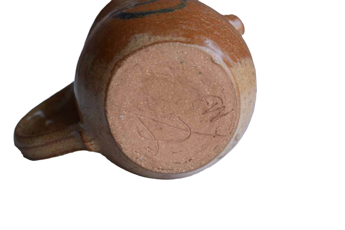 Small Stoneware Handled Pitcher with Blue Woman on Front