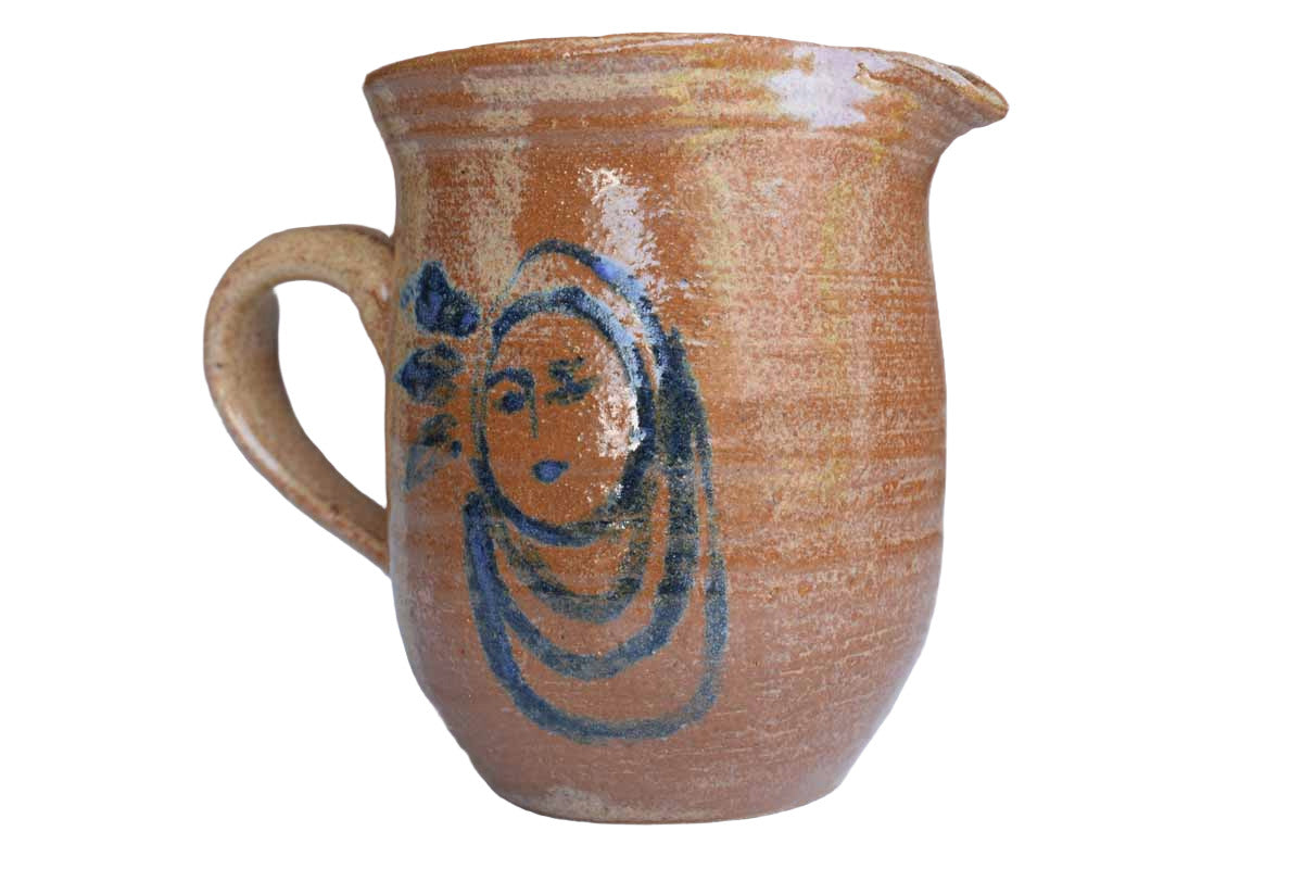 Small Stoneware Handled Pitcher with Blue Woman on Front