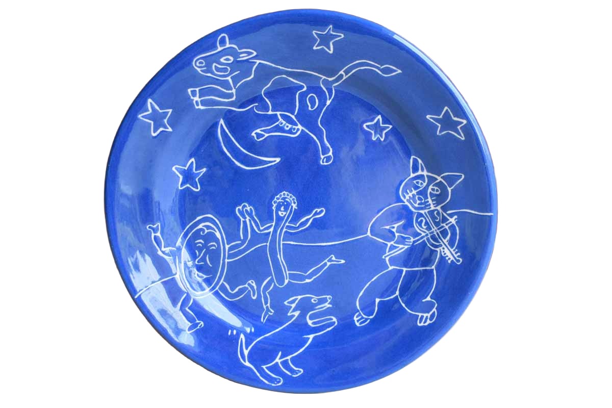 Handmade Blue Ceramic Plate with Hand Drawn "The Cat and the Fiddle"