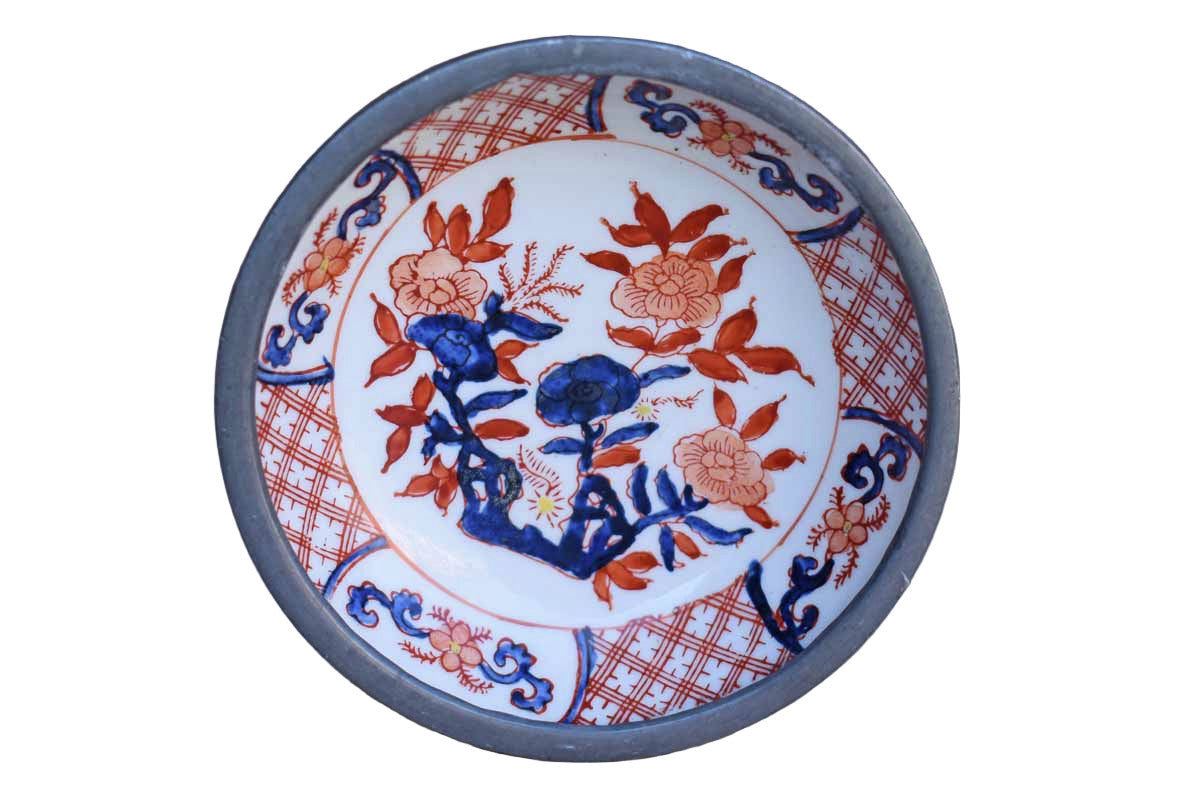 Small Porcelain Bowl with Flowers and Encased in Pewter